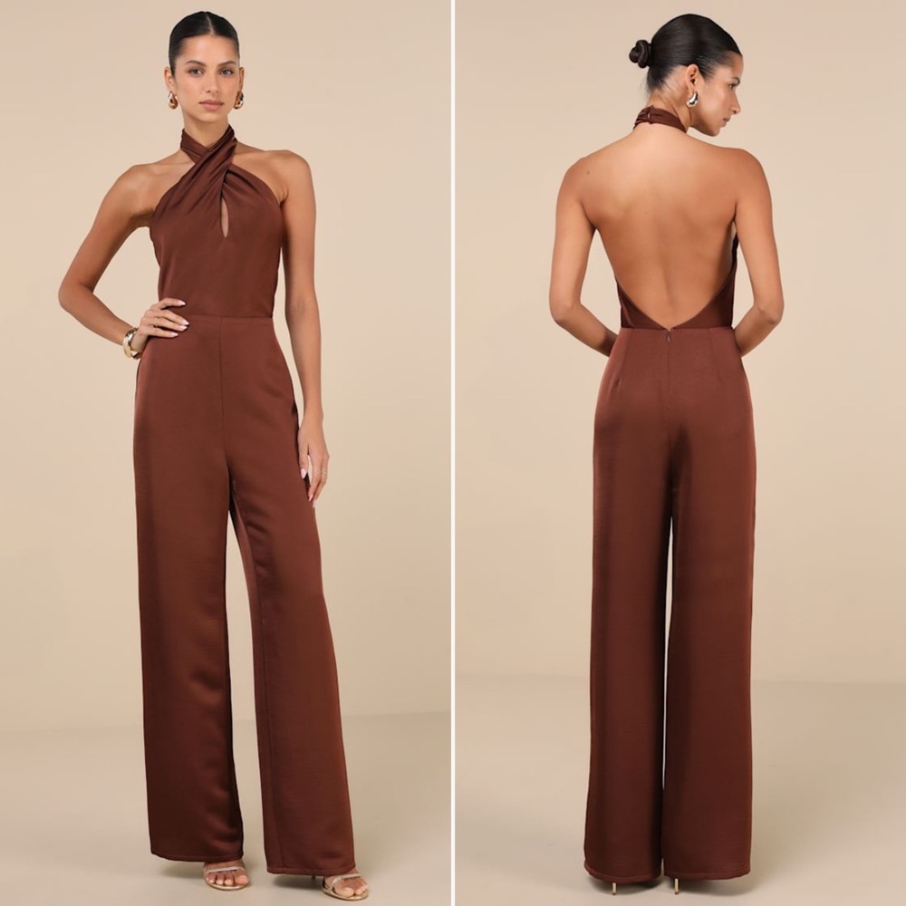 NWOT | Lulus | Beyond Classy Brown Satin Halter Wide-Leg Jumpsuit | Sz S